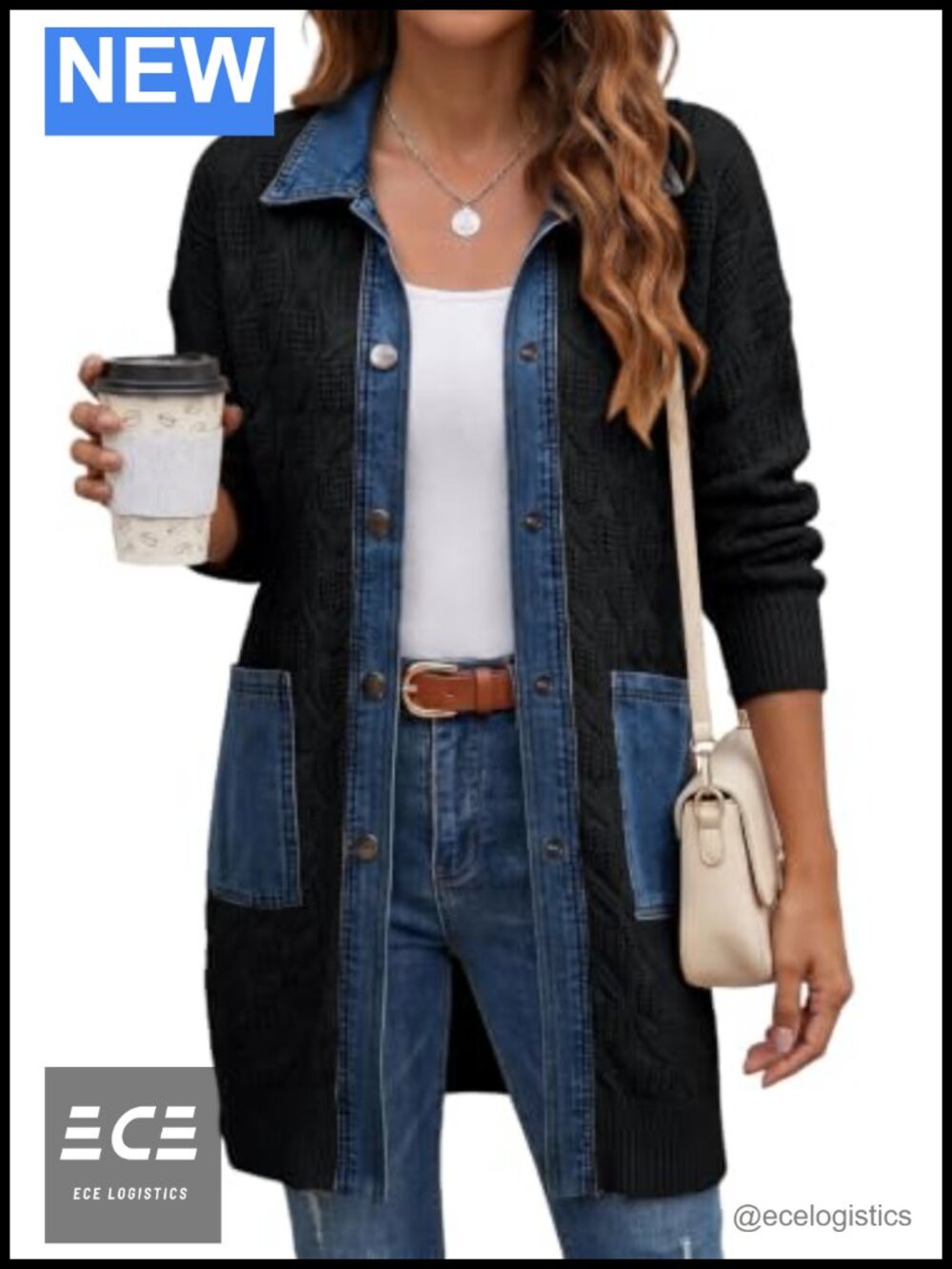 Long Open Front Denim Patchwork Cable Knit Cardigan Sweater